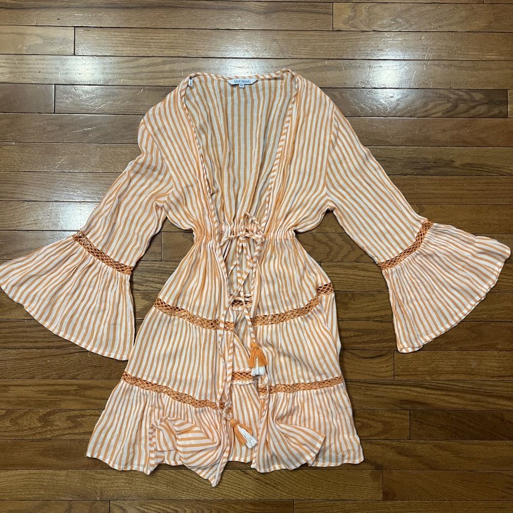Blue Island Cover Up Womens XS Orange Stripe Boho Beach Swim Tassel